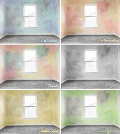 four different colored walls with windows in them