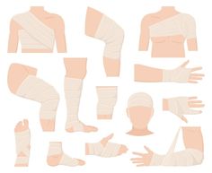 an image of bandaged hands and feet in various positions illustration on white background stock photo