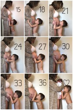 a collage of photos showing the stages of a baby's first kiss with his mother