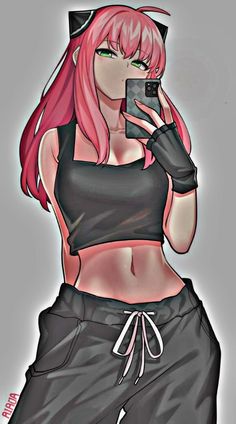 a girl with pink hair holding a cell phone