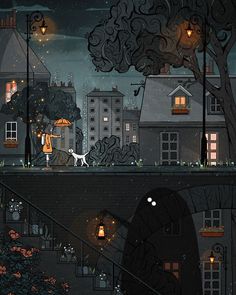 an illustration of a city at night with lights on and a dog in the distance