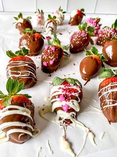 chocolate covered strawberries are arranged on a table