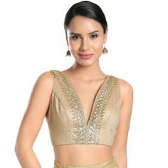 Gold color Blouse in Art Silk fabric with Sequence work Sleeveless Blouse Saree, Saree Blouses Online, Sari Blouse Designs, Padded Blouse, Indian Silk Sarees, Readymade Saree, Sequin Blouse, Silk Saree Blouse, Deep Plunge