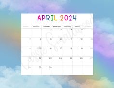 April 2024 calendar free printable with rainbow and clouds background