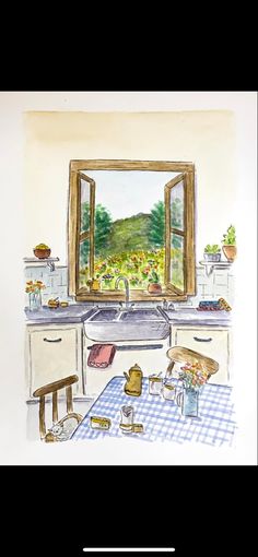 a watercolor painting of a kitchen sink and table in front of a large window