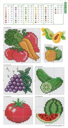 cross stitch chart with fruits and vegetables on it