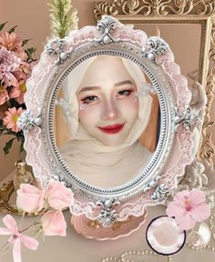 an image of a woman's face in a mirror next to flowers and pearls