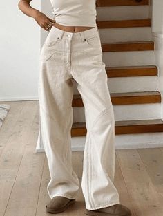 Classic Fit 4 Pocket Boyfriends Jeans Splice Straight Leg Cargo Jeans - AnotherChill Vibe Apartment, Fit Moodboard, Jean Beige, Chique Outfit, Beige Jeans, Jeans Beige, Streetwear Jeans, High Waist Wide Leg Pants, Pastel Outfit