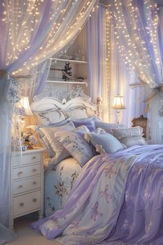 a bed with purple and white comforters in a bedroom decorated for christmas or new year's eve