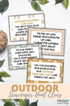 four printable outdoor scavenger cards with leaves around them