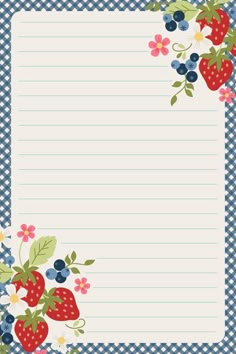 a blue and white checkered background with strawberries, flowers and berries on it