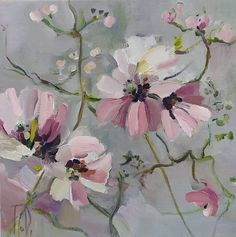 an oil painting of pink flowers on a gray background