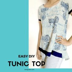 a young woman is posing in front of a blue background with the words easy diy tunic top