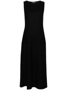 black slip-on style round neck sleeveless two front flap pockets front slit unlined straight hem mid-length Purple Midi Dress, Grey Midi Dress, Midi Dress Black, Wardrobe Edit, City Dress, Sleeveless Midi Dress, Round Neck Dresses, Silk Midi Dress, Pleated Midi Dress