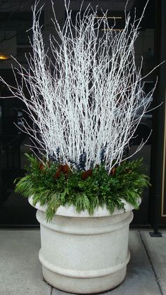 a large white planter filled with lots of branches and snow on top of a sidewalk