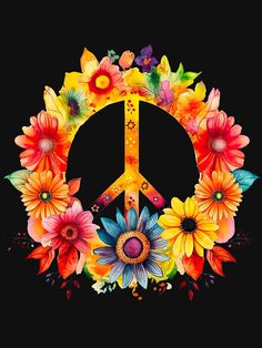 a peace sign surrounded by flowers on a black background with the word peace painted in bright colors