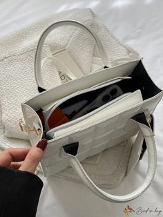 BirdinBag - Embossed Plaid Square Bag with Coin Purse: Stylish and Functional Accessories White Square Bags With Handles, White Square Bags With Detachable Handle, White Square Satchel For Errands, White Square Satchel, Elegant Pattern, Functional Accessories, Bag Bag, Square Bag, Leather Tote Bag