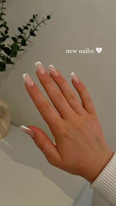 New nails , nail inspo , cute nails , simple nail inspo , french tip , minimalist , clean girl Nails Inspo School, Hoco Nail Inspo White, Neutral Medium Nails, Nails Acrylic Clean Girl, Clean Girl Nails French Tip, Simple French Tips With Design, Pretty White Nail Designs, Simple Acyrilics Nails, Clean Girl Nail Designs