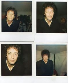 four polaroid photos of a man in black shirt and white shirt with dark hair