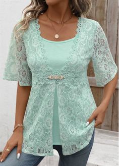 Color:Mint Green;Size:S;Size:M;Size:L;Size:XL;Size:XXL;Package Contents:1 X Blouse;Occasion:Other;Style:Casual; Elegant Dresses Plus Size, Beach Bridesmaid Dresses, Point Lace, Trendy Tops For Women, Half Sleeve Shirts, Round Neck Shirt, Chic Blouses, Green Lace, Midi Dress Bodycon