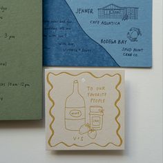 three greeting cards with handwritten text on them and two envelopes attached to each other