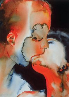 a painting of two people kissing each other