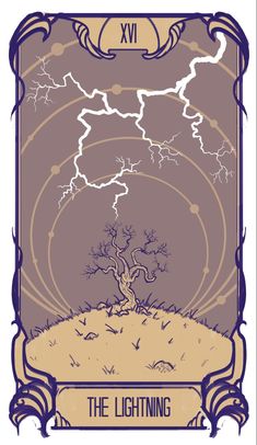 the lightning tarot card with an image of a tree on it and some clouds in the background