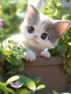 a kitten is sitting in a potted plant and looking at the camera with big blue eyes