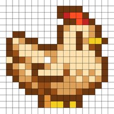 a cross stitch pattern of a chicken in brown and yellow colors on a white background