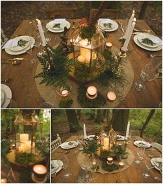 the table is set with candles, plates and greenery for an outdoor dinner party