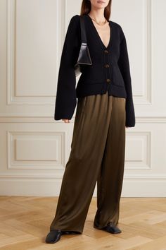 Brown Silk Pants Outfit, Silk Pants Outfit Street Styles, Luxury Chic Brown Wide Leg Pants, Luxury Wide Leg Brown Pants, Luxury Brown Wide Leg Pants, Satin Trousers Outfit, Luxury Wide Leg Cashmere Pants, Net A Porter Outfits, Luxury Black Silk Wide Leg Pants