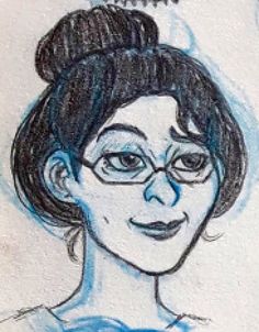 a drawing of a woman with glasses on her head