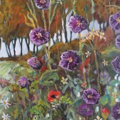 an oil painting of purple flowers and trees