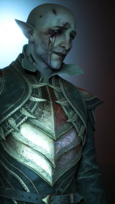 a man dressed in armor with blood on his face