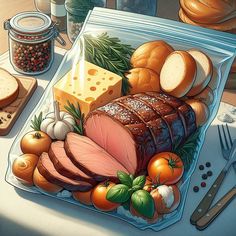 a painting of meat and cheese on a plate with bread, tomatoes, onions, carrots, garlic