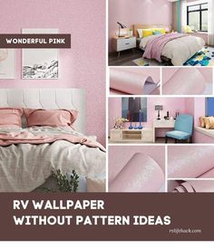 a collage of photos with pink wallpaper and furniture in different rooms, including a bed