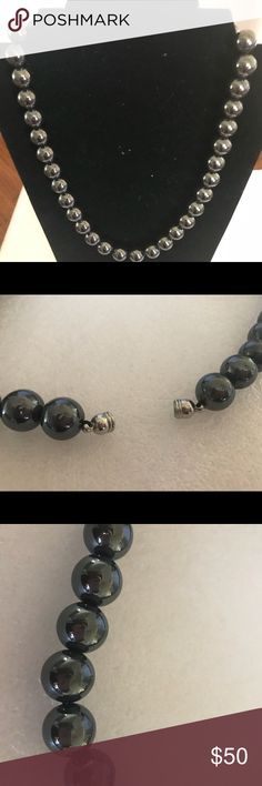 Vintage Black Tahitian Pearl Style Necklace Brand New never used, without tags With silver clasp Beautiful and Elegant Perfect for a night out Jewelry Necklaces Elegant Hematite Beaded Bracelets With Magnetic Clasp, Elegant Hematite Beaded Necklaces, Round Beaded Hematite Jewelry, Elegant Beaded Hematite Necklace, Elegant Hematite Round Bead Necklaces, Elegant Hematite Round Bead Necklace, Elegant Round Hematite Jewelry, Tahitian Black Pearls, Necklace Brands