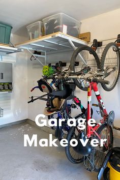 there is a garage with two bikes on the rack