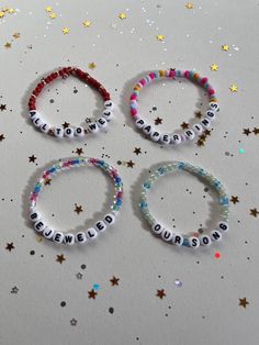 These beaded Eras Tour bracelets are a great keepsake or gift! They are also amazing for trading with friends or people you meet at the concert! Join the fun and meet some new people with these cute bracelets! *If your favorite song isn't pictured, enter your special request in the personalization section on my Etsy page, and I would love to make a bracelet with YOUR favorite song! * Thank you for supporting my small business! Seed Bead Eras Tour Bracelets, Fun Eras Tour Bracelets, Love Friendship Bracelet, Eras Tour Trading Bracelets, Our Song Taylor Swift Bracelet, Eras Tour Bead Bracelets, Song Bracelet Ideas, Eras Tour Bracelets Clay Beads, Eras Your Bracelet