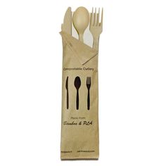 a paper bag with utensils and spoons in it