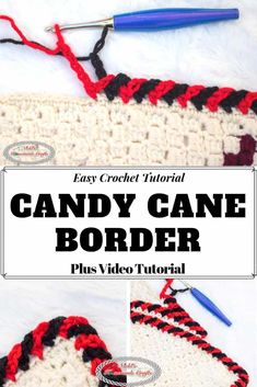 the crochet candy cane border is shown in red, black and white