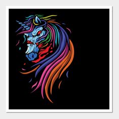 a colorful horse's head with long manes on a black background is featured in the image