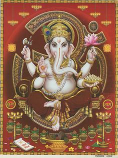 an image of the god ganesha with flowers in his hand on a red background