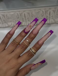 Nails Acrylic Coffin Long Baddie Purple, Purple And Gold Nails Acrylic, Purple And Gold Nails Designs, Virgo Birthday Nails, Virgo Nails Designs, Libra Nails, Purple Acrylic Nails, Hard Nails