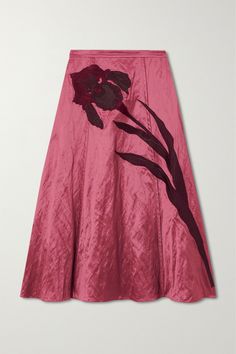 Erdem's midi skirt is appliquéd with a generously sized iris that spans from the high-rise waist to the floaty hem. It's made from satin that's purposely crinkled to enhance the light-catching effect and has elongating raised seams. Wear yours with a billowy blouse or simple tank. Iris Embroidery, Pink Satin Skirt, Ruffle Midi Skirt, Dark History, Satin Midi Skirt, Dream Style, Satin Skirt, Matches Fashion