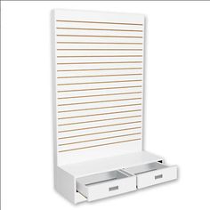 a white wall mounted cabinet with two drawers in the bottom section and one drawer open