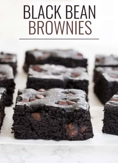 black bean brownies on a white plate with text overlay that reads, black bean brownies