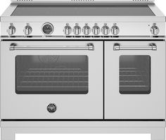 an oven with two burners and three doors on the front, in stainless steel