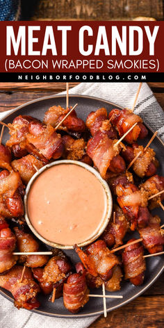 Serve bacon-wrapped smokies as a delicious game-day recipe! This meat candy is a must for your snack idea for a party or as a yummy appetizer. Impress everyone with tasty sweet and smoky bacon wraps for the holidays or any event you can think of! Brunch Food Menu Ideas, Cocktail Wieners Wrapped In Bacon, Valentines Day Party Food Dinner, Bacon Wrapped Smokies Oven, Meat Based Appetizers, Bacon Wrapped Smokies With Brown Sugar, Bacon Wrapped Smokies Crockpot, Lil Smokies Wrapped In Bacon, Brown Appetizers