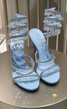 Rene Caovilla Heels Blue, Renee Caovilla Heels Outfit, Luxury Heels Aesthetic, Blue Heels Aesthetic, Renee Caovilla Heels, Renee Caovilla, Pleaser Heels, Heels Aesthetic, White Nike Shoes